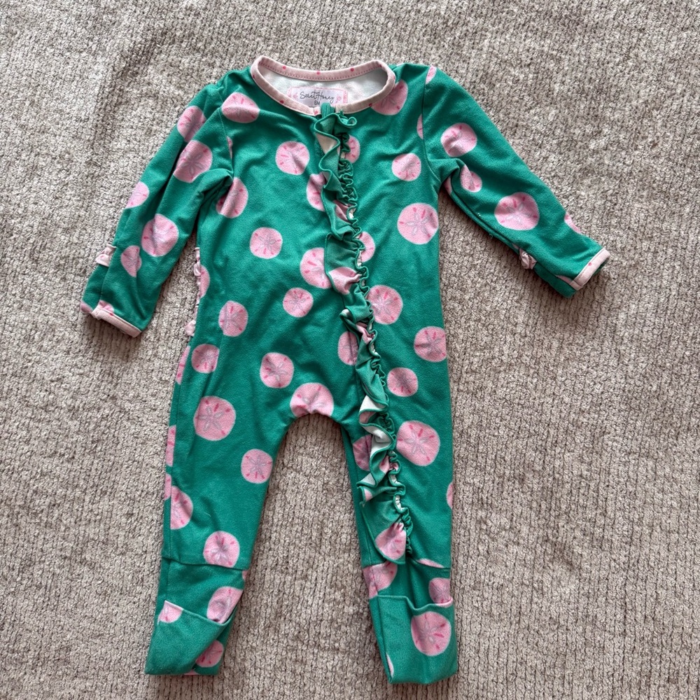 SweetHoney Sand Dollar Ruffle Zip Romper 6M Coastal Preppy Ruffle‎ Bum